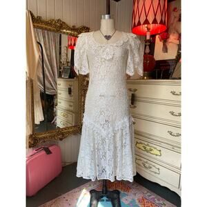 vintage 1980s sheer lace mermaid hem dress with flutter sleeves small wedding